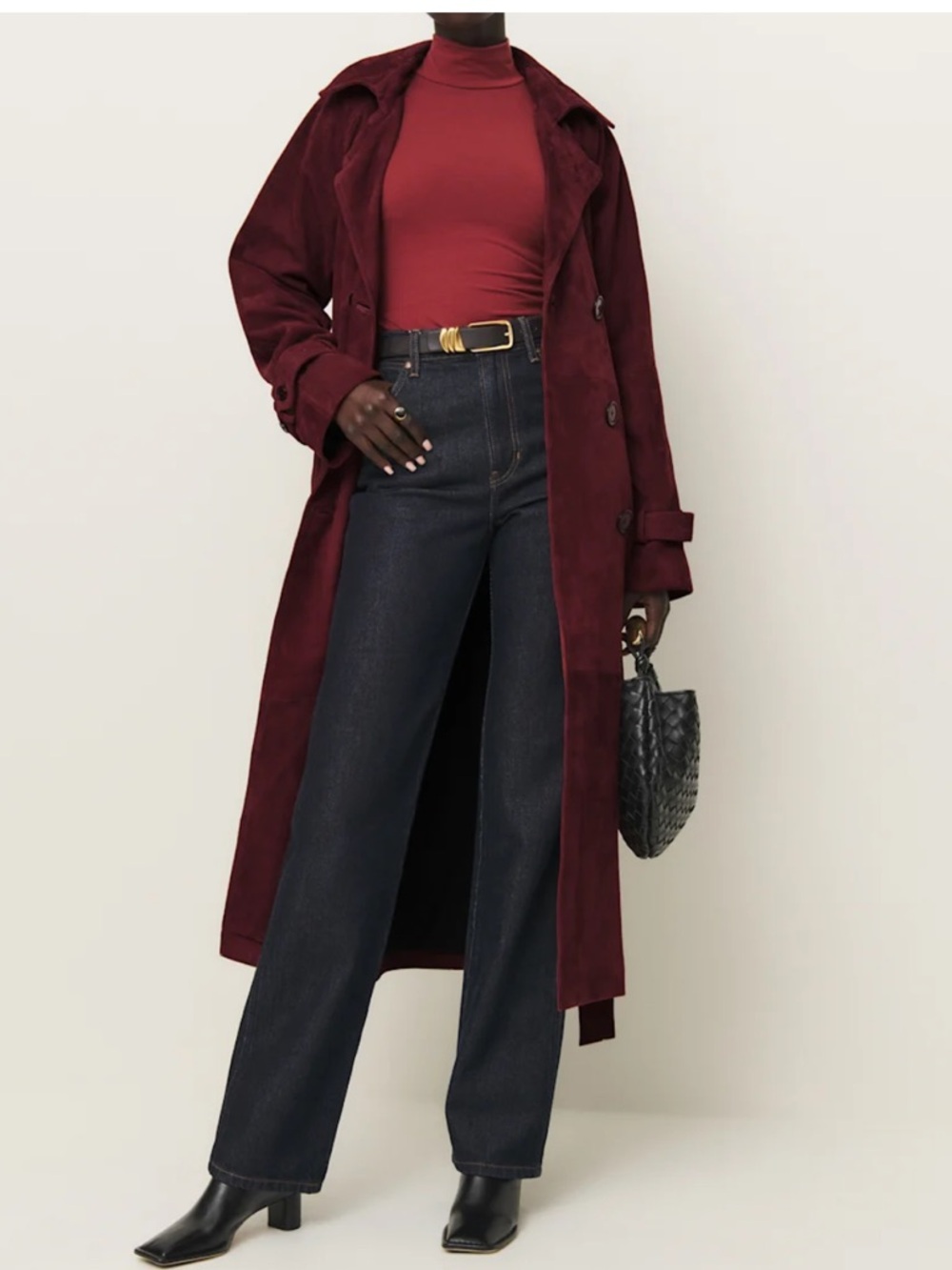 Reformation Deep Red Suede Double-Breasted Trench Coat